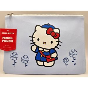 NWT Hello Kitty Bonjour Paris Large Blue Pencil/ Makeup Pouch Silver Zipper‎